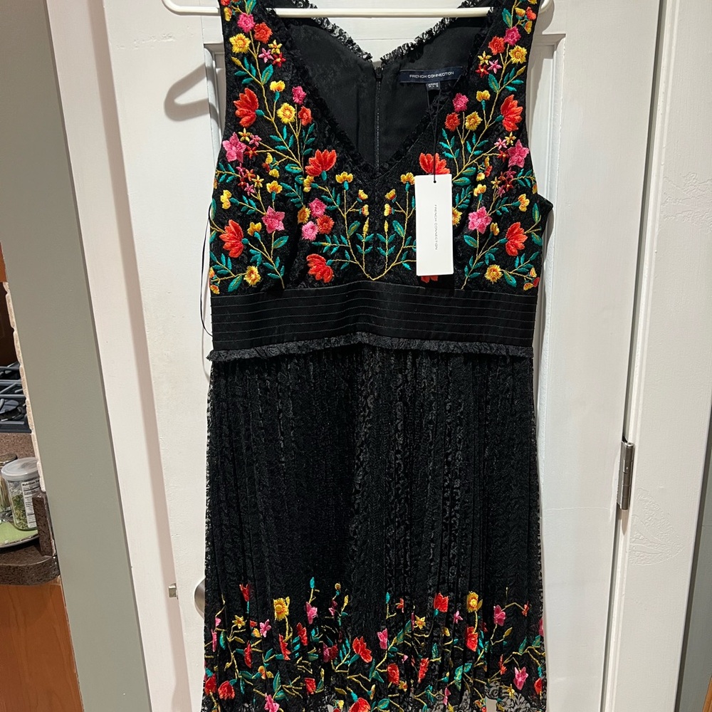 French Connection Black Midi Dress with Multicolor Floral Embroidery - Picture 7 of 9
